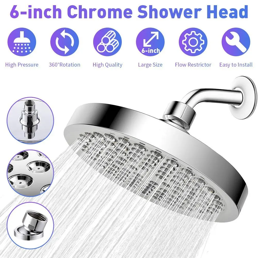 6-Inch Round Polished Chrome High-Pressure Full Rain Shower Head - Premium Luxury Design, ABS Construction, Wall Mount, Anti-Clogging Nozzles, Easy Clean, Tool-Free Adjustable Bathroom Replacement Fixture