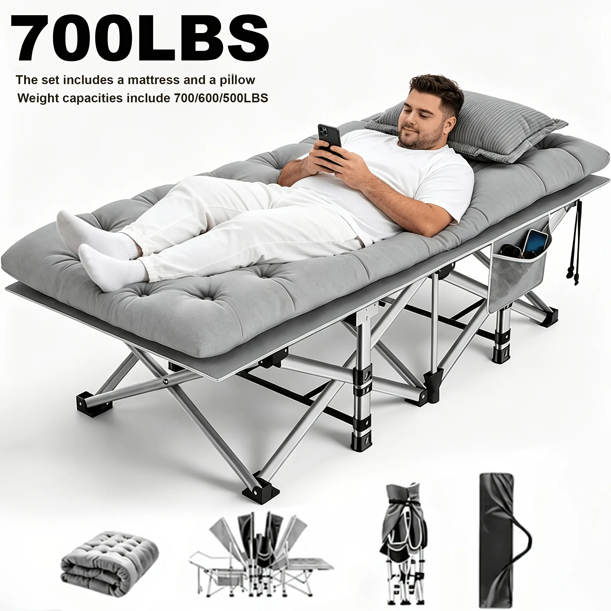 Foldable Camping Cot for Adults, 28 Inch Wide Heavy Duty 1200D Oxford Folding Bed with Mattress & Carry Bag, Portable for Guest, Travel, Hiking