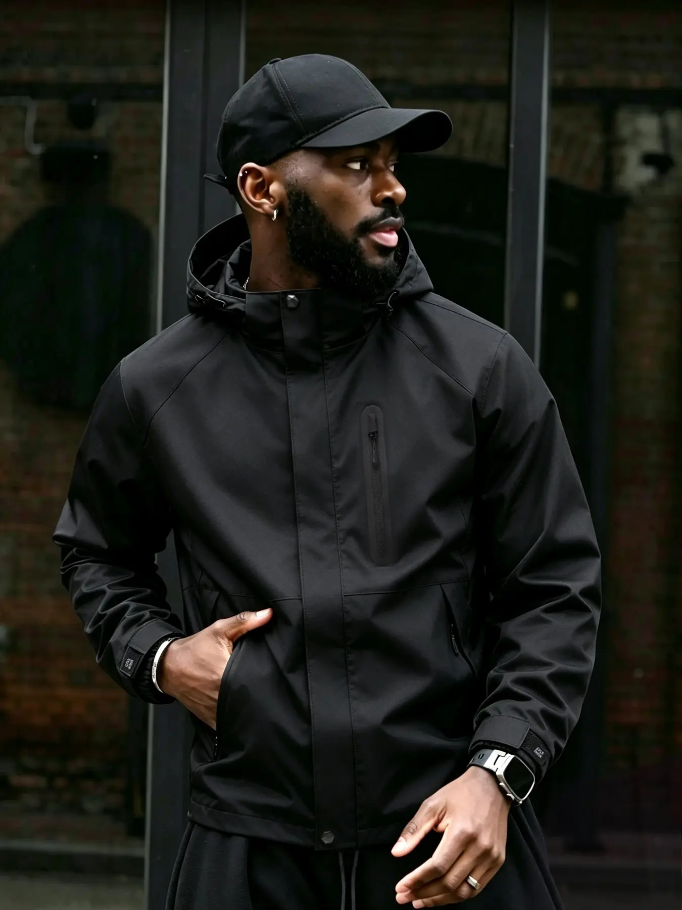Men's Streetwear Hooded Windproof Jacket with Zipper Pockets, Adjustable Drawstring, Loose Fit, Casual Outdoor Sportswear Top, Casual Athletic Jacket