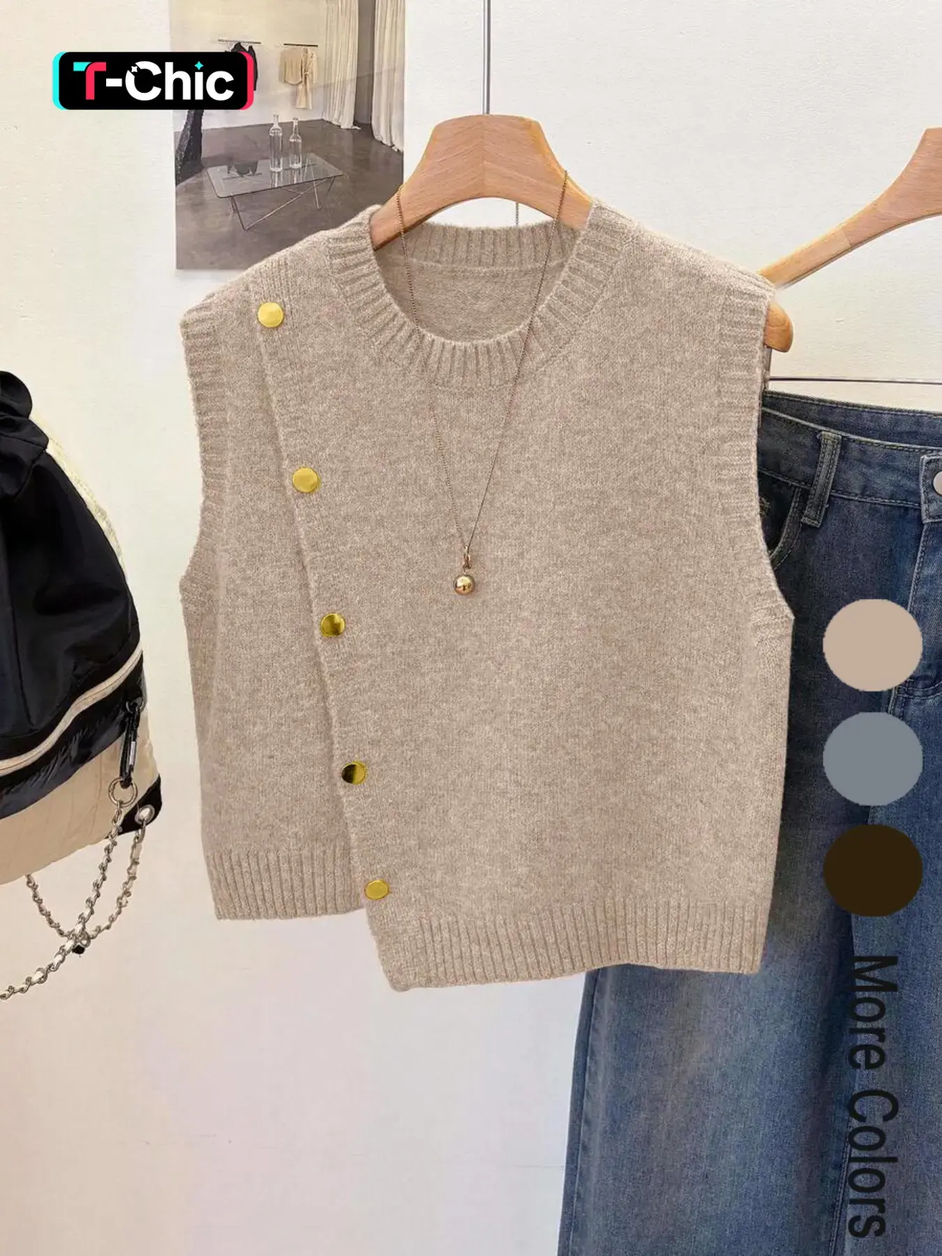 Pure Color Cropped Round Neck Asymmetric Metal Button Design Fashion Layering Sleeveless Knit Vest, Casual Loose-Fitting Outer Vest