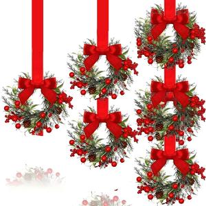 6 sets of Christmas mini window decorations, equipped with ribbons, bows and red berries - small cabinet hooks, decorative items for the Christmas country-style kitchen door, suitable for Christmas party setups.