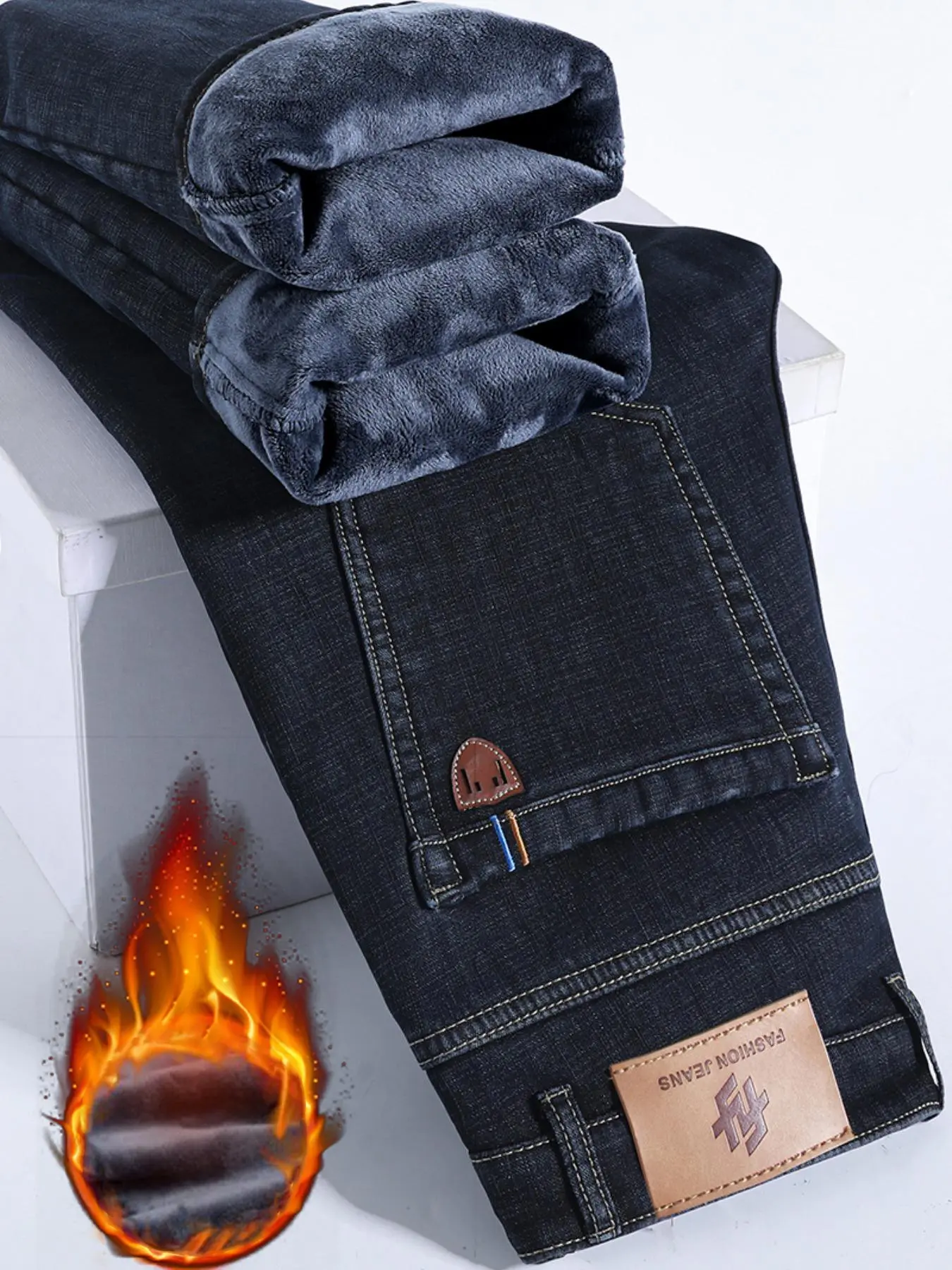 Men's Fleece Lined Thick Jeans, Slim Fit Straight Leg Long Pants, New Cotton Elastic Style, Fall & Winter Warm Clothing