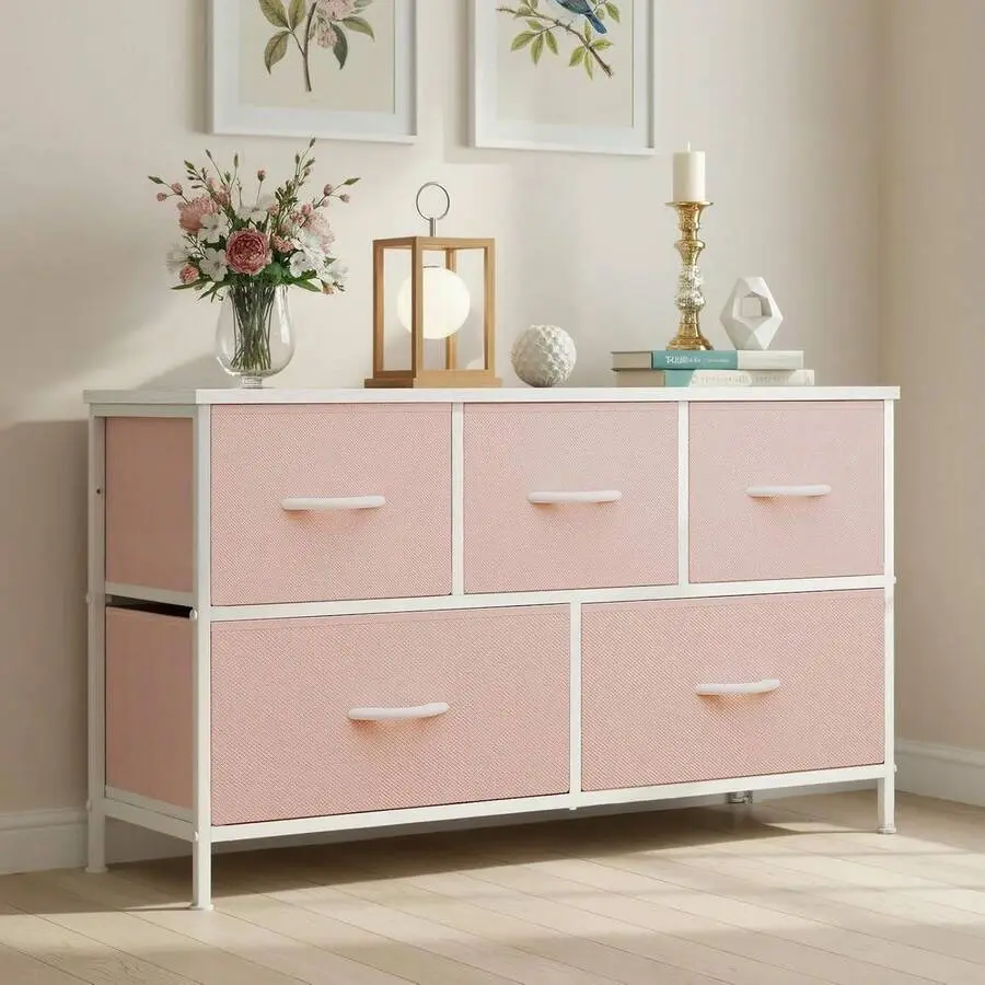 Retro Single Unit Bedroom Dresser with 5 PU Leather Storage Drawers - TV Stand with Wooden Top & Metal Frame for Bedroom, Living Room