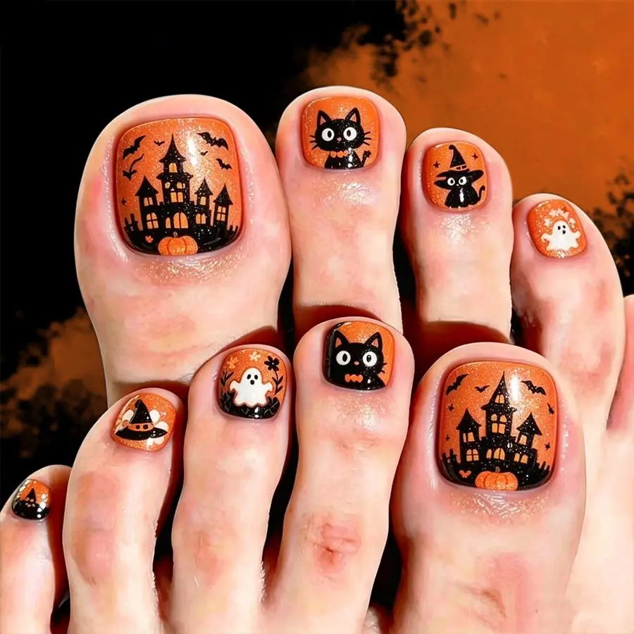 24pcs Short Square Press-On Toe Nails, Halloween Reusable Fake Nails, Glitter Pumpkin Bat Flower Ghost Cat Design, for Women and Girls