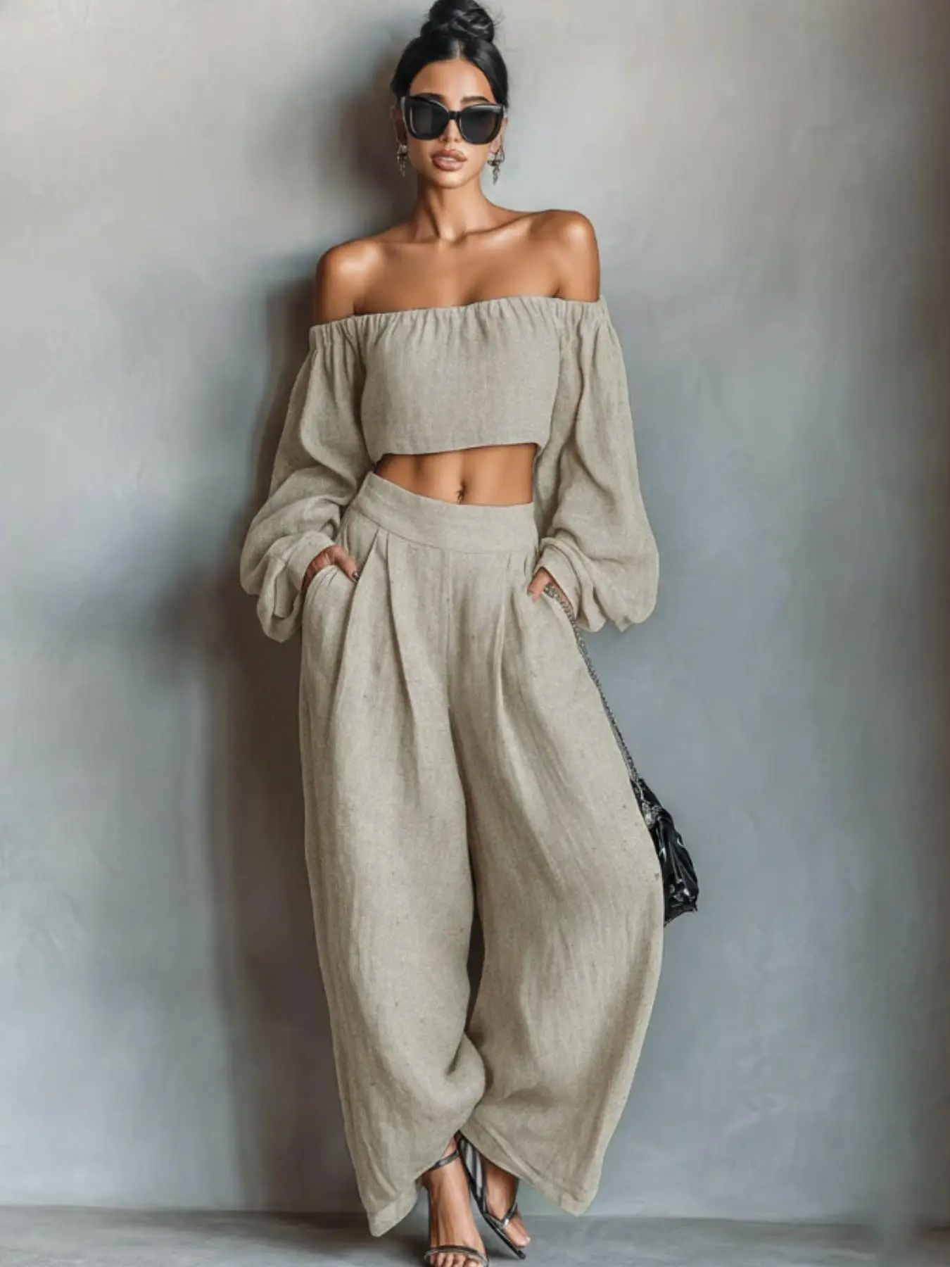 Women's Bubble Sleeve Short Top and Wide Leg Pants Two-Piece Set for Vacation, Comfortable Outfit