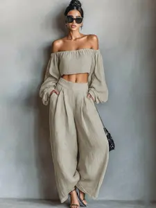 One-Shoulder Bubble Sleeve Short Top and Wide Leg Pants Two-Piece Set, Vacation Style, Fashionable and Comfortable