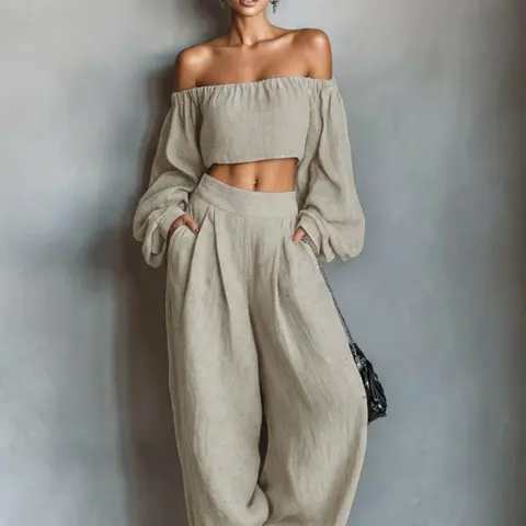 Women's Bubble Sleeve Short Top and Wide Leg Pants Two-Piece Set for Vacation, Chic Casual Comfortable Outfit