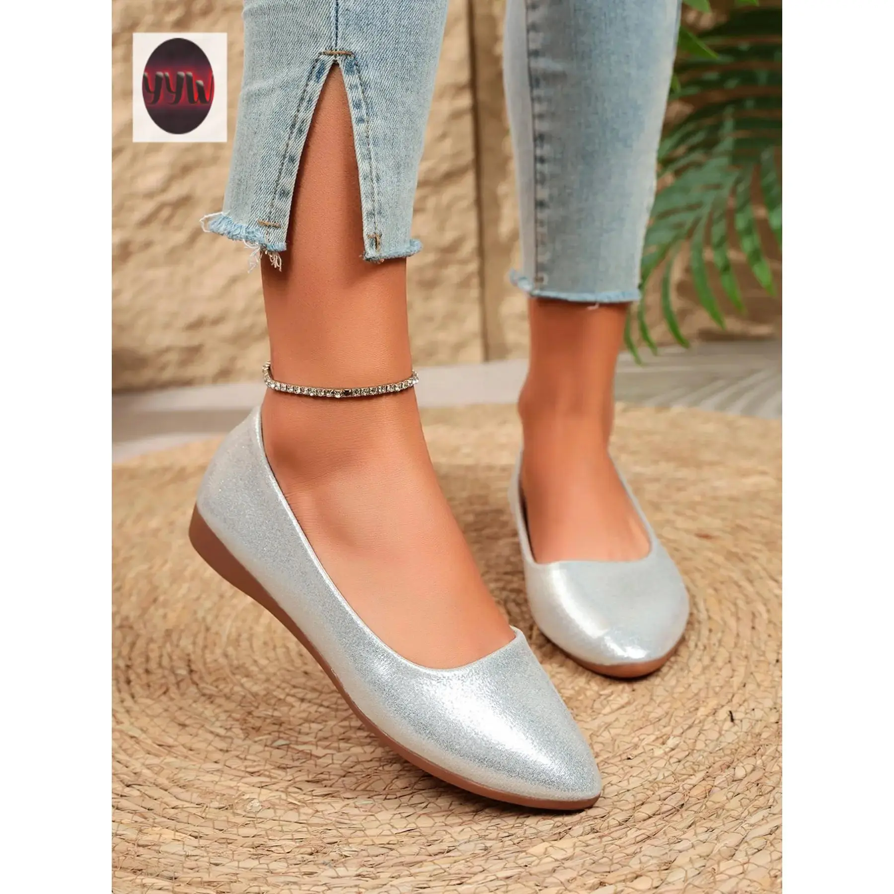 YYW1 Women's Slip-On Pointed-Toe Flats, Low Heel, Textile Upper, Rubber Sole, PU Leather Accents, All-Day Wear, Elegant Look, Plain Pattern, Below-Ankle Height, Ideal for Formal Events, Casual Walks