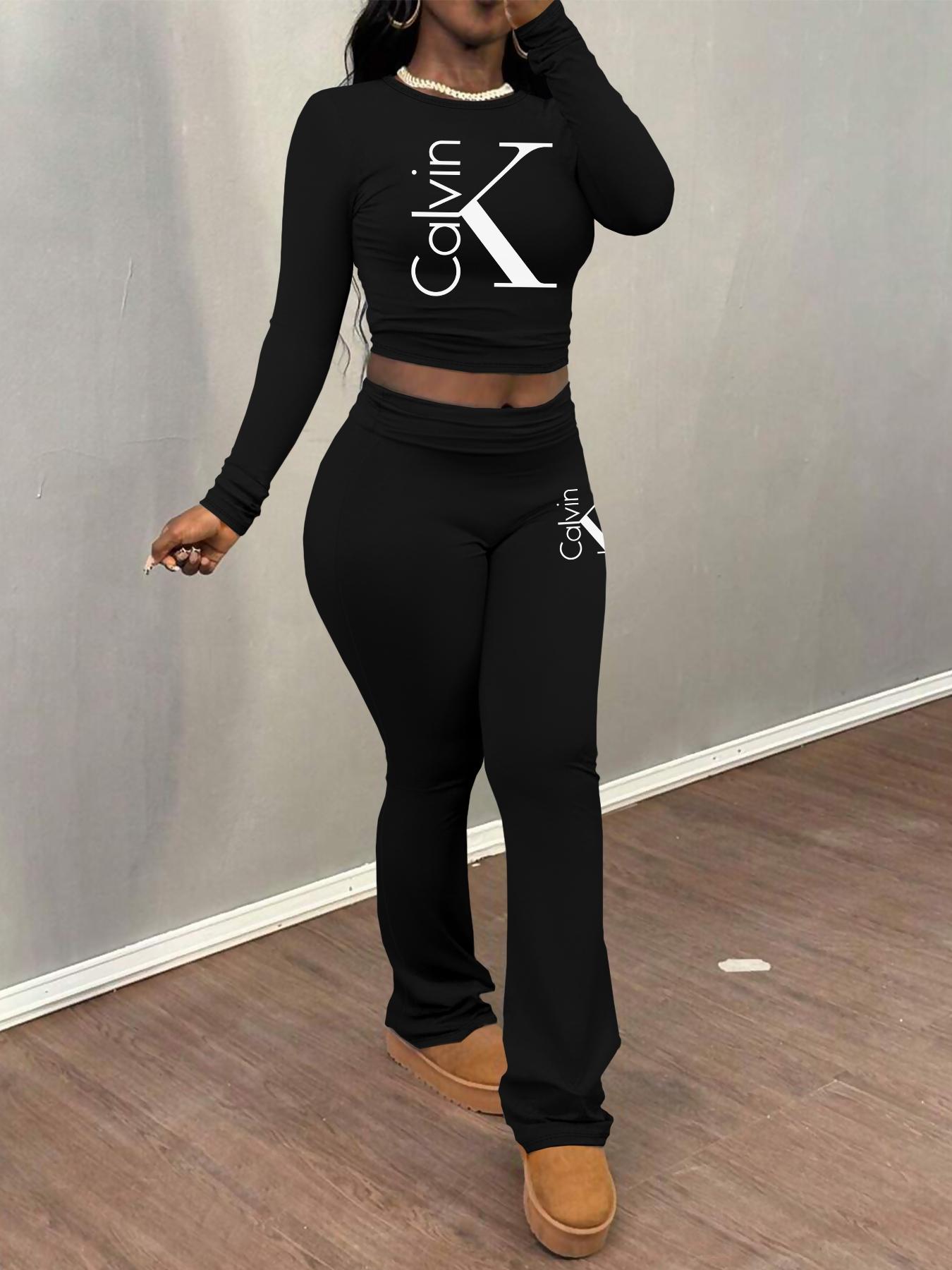 Cakvin Letter printing Women's Letter Print Long Sleeve Crop Tee & Plain Flare Leg Pants Two-Piece Set, Casual Fashion Cozy Round Neck Top & Bell Bottom Trousers for Daily Outdoor Wear, Women's Clothing for Fall & Winter