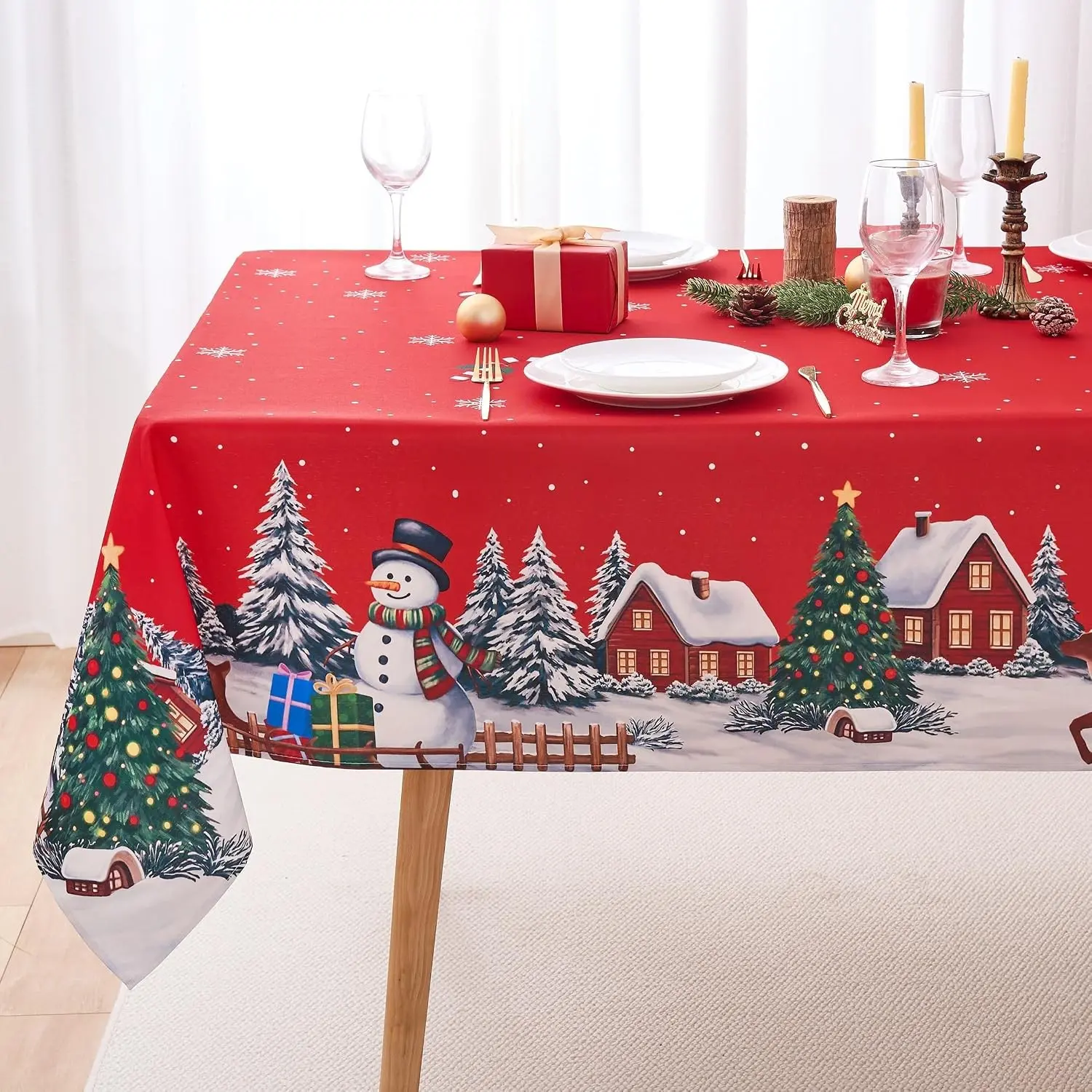 2D Flat Party Tablecloth 1pc, Christmas Winter Snowman and Farmhouse Design, Rectangular Polyester Holiday Table Cover for Festive Dining and Events