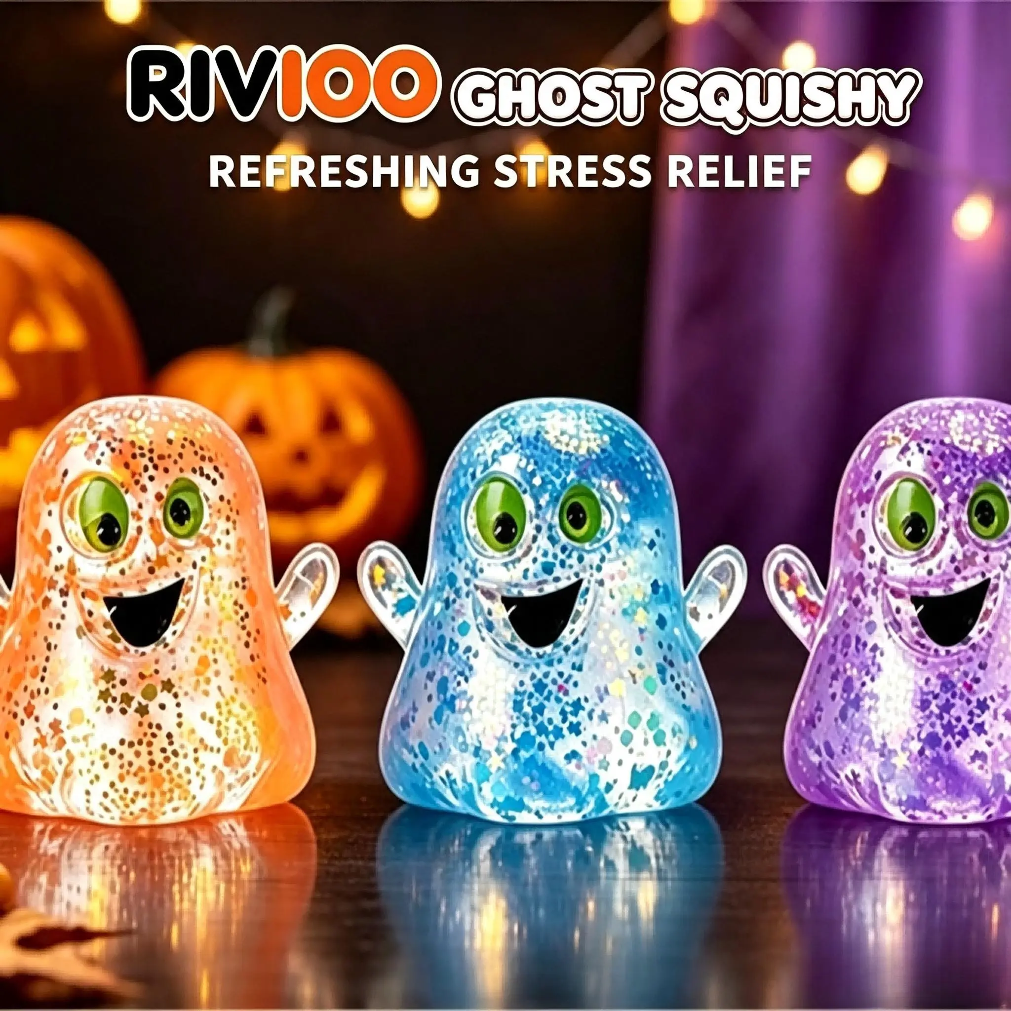 RIVIOO Halloween Ghost Squishy Fidget Toy, Glitter Squeeze Stress Relief Toy for Indoor Leisure