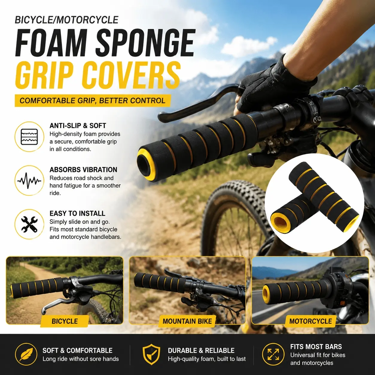 Anti-Vibration Bike Grip Covers 2-Pack, Ergonomic Wave Non-Slip Motorcycle Handlebar Grips for Mountain Road Bicycles, Easy Installation, Cushioned Comfort Upgrade, Universal Fit