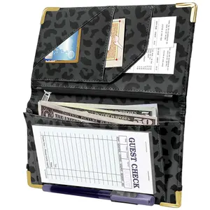 Server Book with Zipper Pocket, High Volume, Expandable Server Book,  Pocket and Fold, Restaurant Waitstaff Organizer Fit Server Apron with High Volume Pocket (Leopard-Black)