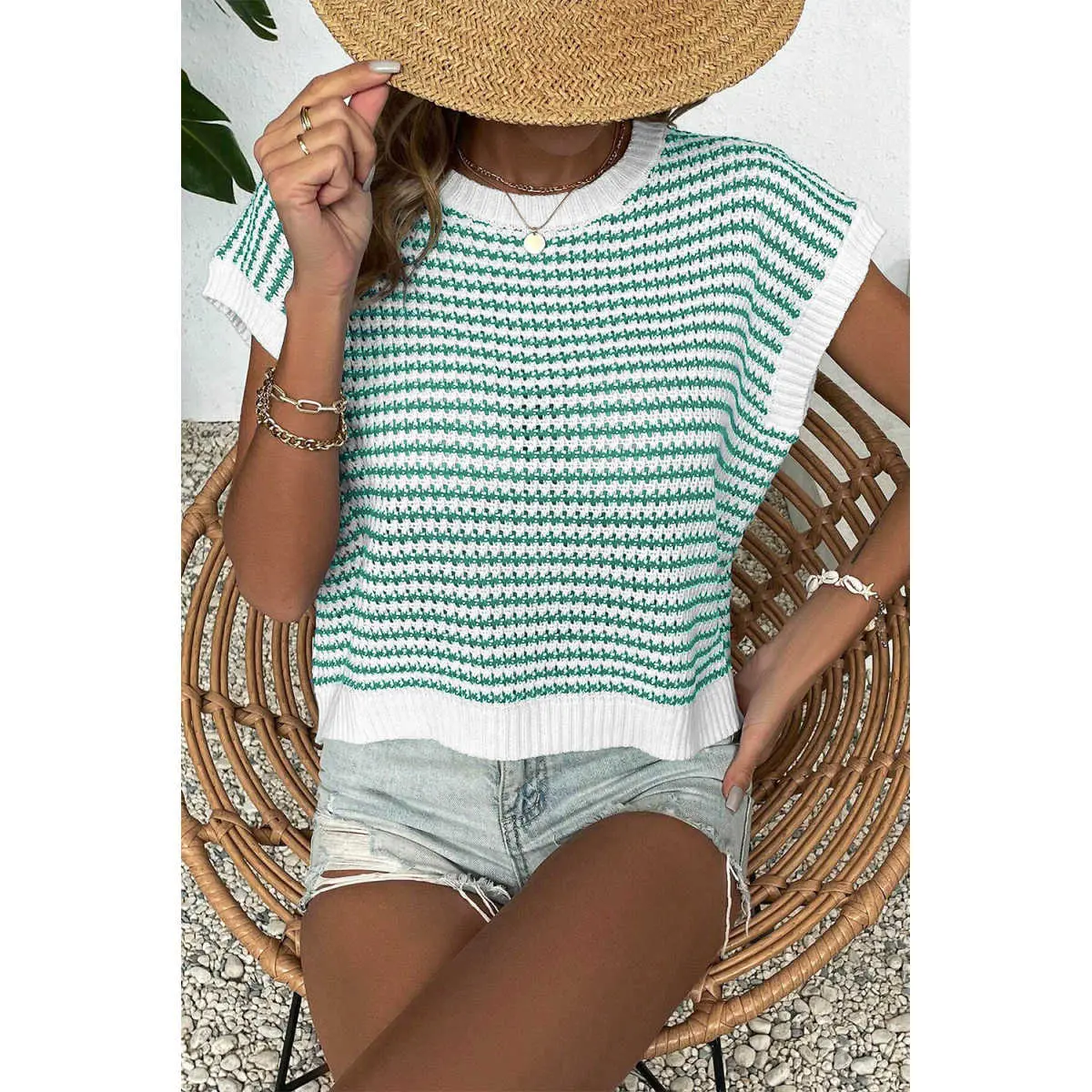 Green Stripe Ribbed Trim Loose Fit Knitted Sweater Vest