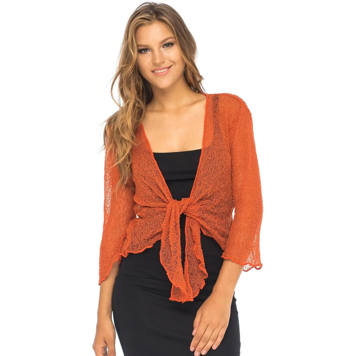 Women's Sheer Mesh Shrug, Lightweight Ruffled Bolero Cardigan with 3/4 Sleeves, Sexy Tie-Front Cover Up for Dresses, Clothes, Knitwear, Jeans, Feminine, Shrug Cardigan, Bolero Shrug