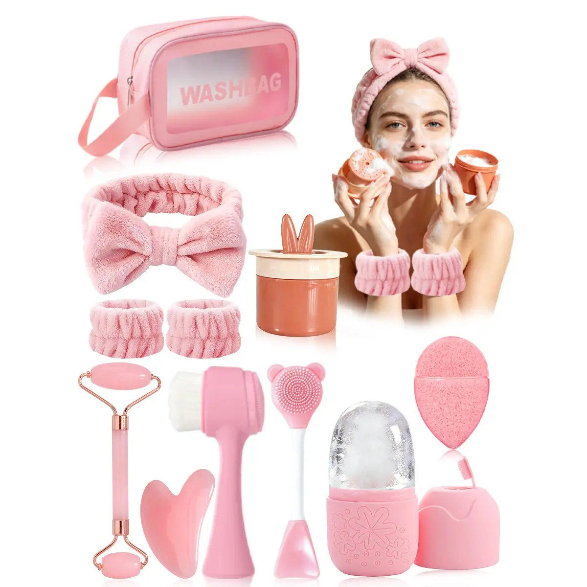 11pcs Facial Beauty Care Set, At Home Facial, Face Massage Tools, Ice Mask Mold, Cleansing Brush, Sponge, Hair Tie, Bubble Maker, Storage Bag