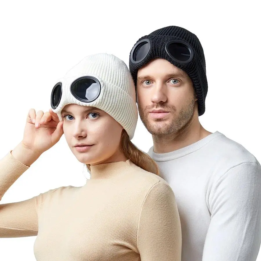 Cozy Winter Ski Beanie Hat with Goggles and Ear Protection for Men and Women - Thick Windproof Knit Cap with Integrated Goggles, Thermal Fleece-Lined Cold Weather Gear, Perfect for Outdoor Hiking, Skating & Holiday Gift