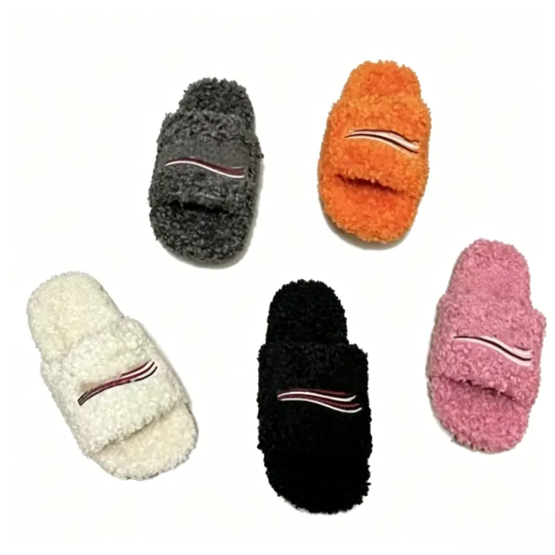 Unisex Couple Embroidered Soft Fur Slide Footwear - Warm Open-Toe Fluffy Curly Plush Shoes with Stylish Design, Indoor-Outdoor Autumn Winter Casual Slippers