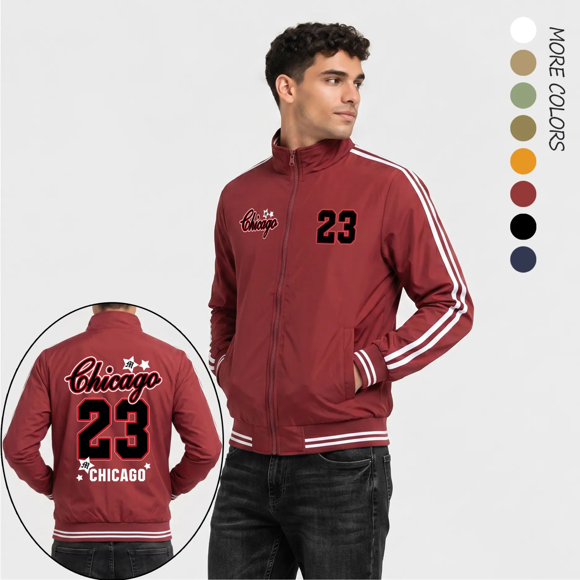 Men’s Chicago 23 Graphic Print Lightweight Bomber Jacket – Varsity Basketball Streetwear Flight Jacket with Number 23 Back Design, Star Detail, Stripe Sleeve & Urban Athletic Casual Style