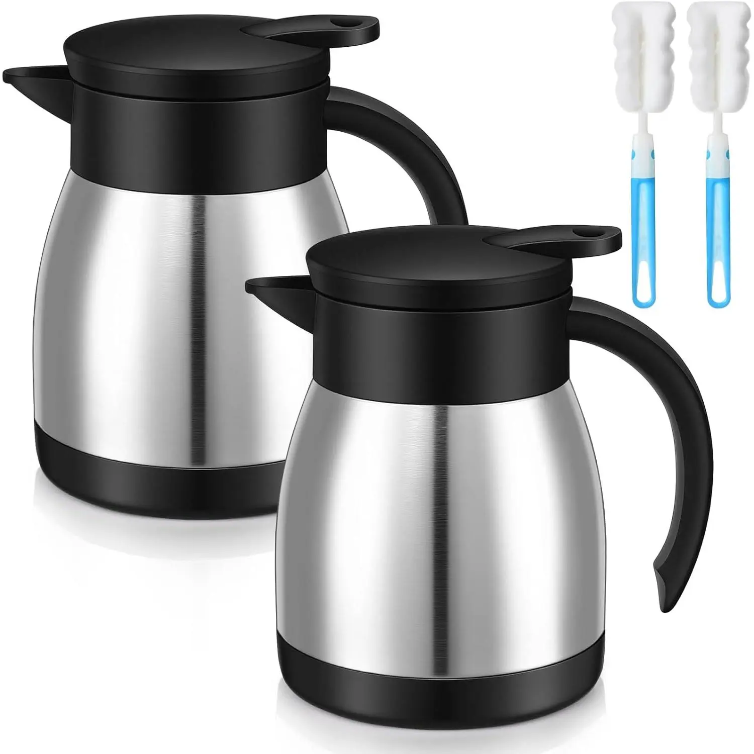 2 Pcs 17 Oz Thermal Coffee Carafe Stainless Steel Insulated Vacuum Coffee Carafes Double Walled Vacuum Thermal Pot Flask with Brushes for Keeping Cold Hot Tea Water Milk Home Office (Silver)