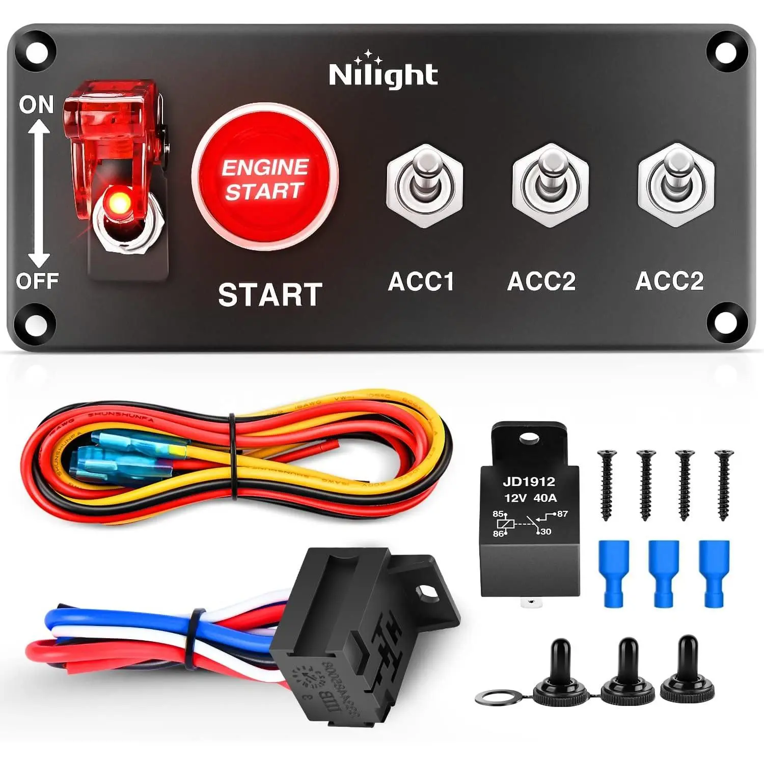 Nilight Ignition Switch Panel 12V 5 in 1 Rocker Switch with Engine Push Button Toggle Switches with Relay Wiring Harness LED for RV Truck Racing Car Boat Marine Trailer