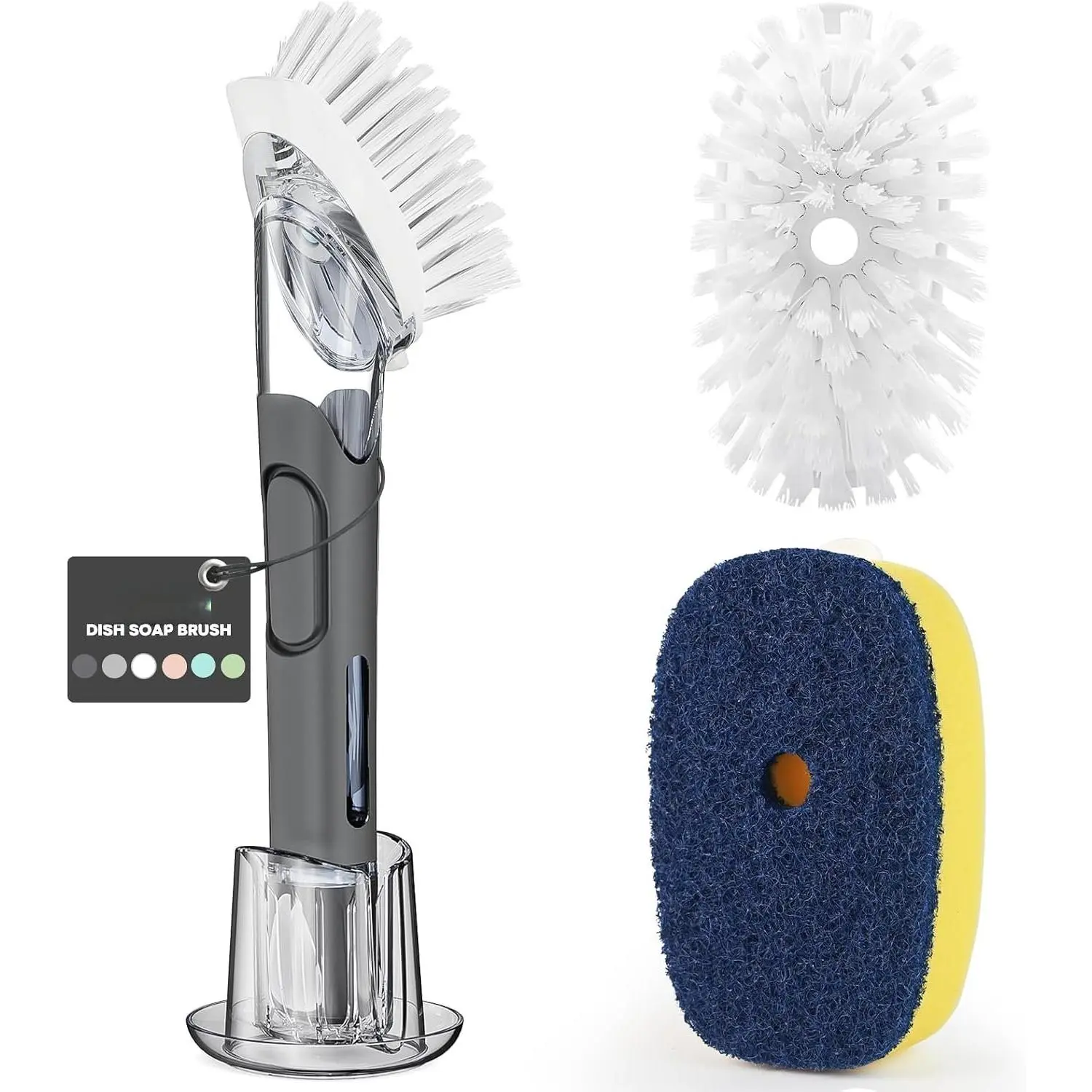 Dish Brush Set with Soap Dispenser, 2 Refills and Storage Holder | Soap Dispensing Dish Brush dish  with handle for Cleaning Dishes, Pans, Sink, Pots