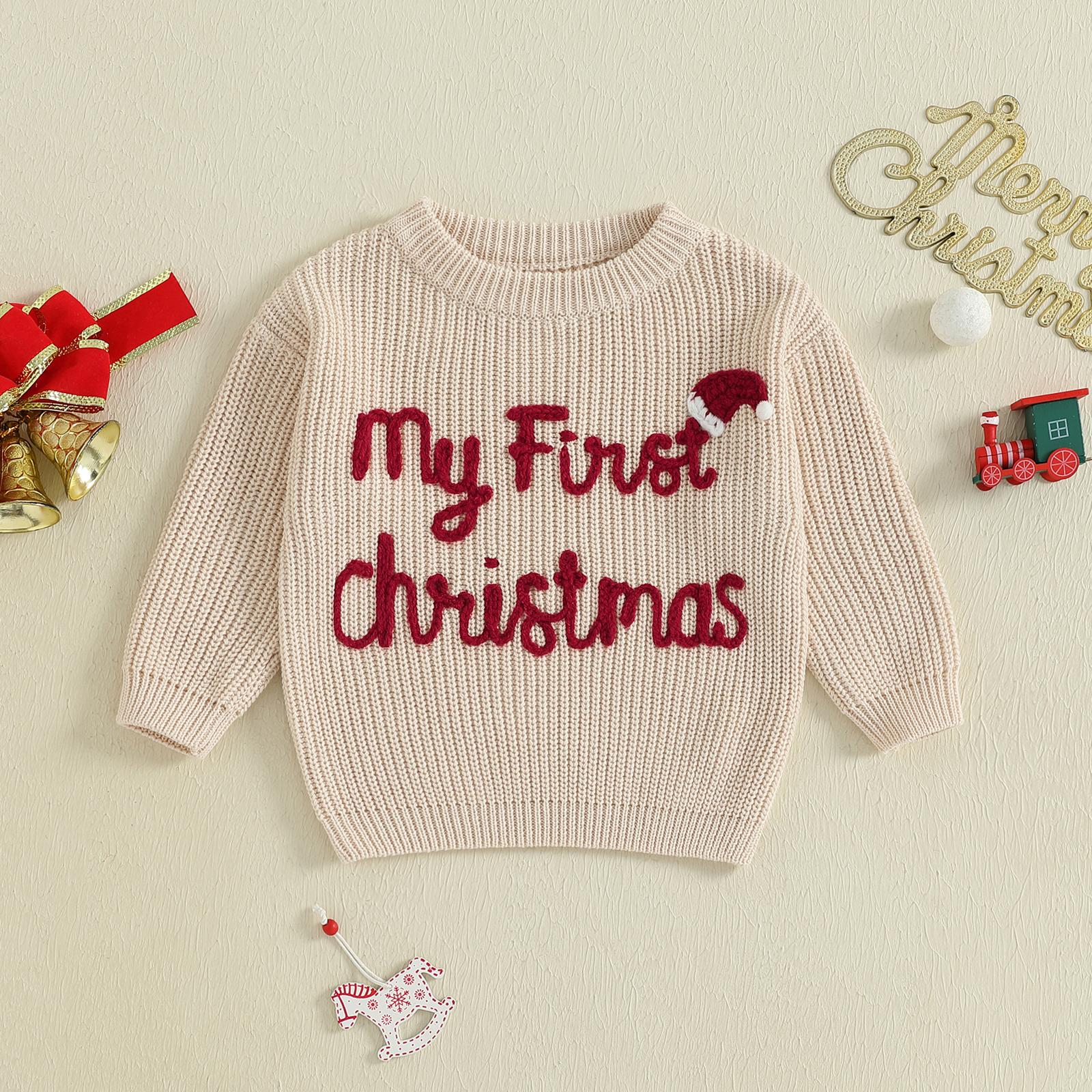Infant Baby Girls Boy Knit Sweater Christmas Hat and Letter Embroidery Crew Neck Pullover Long Sleeve Tops 0-18 Months
