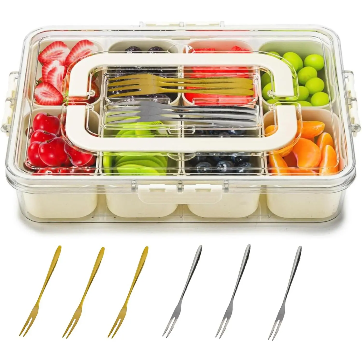 Portable Snackle Box with Handle, Clear 7-Compartment Divided Serving Tray with Ice Section & 6 Forks for Snacks, Charcuterie, Picnics, Parties & Travel