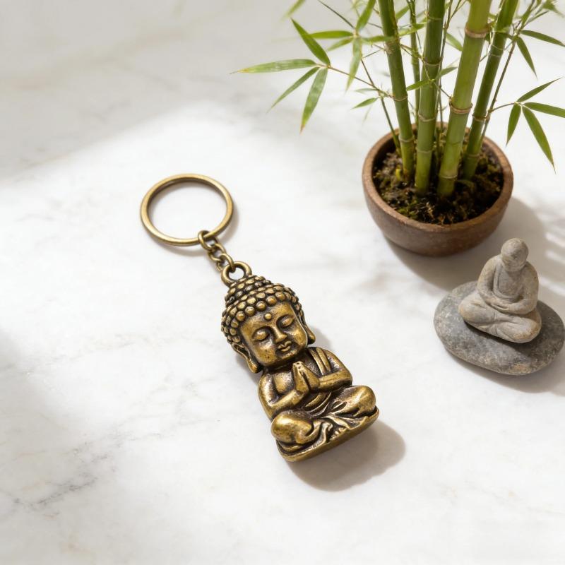 Brass Buddha Pendant Keychain, Mini Handcrafted Lucky Amulet Figurine, Portable Religious Protection Charm for Daily Carrying Bags Keys and Everyday Wear
