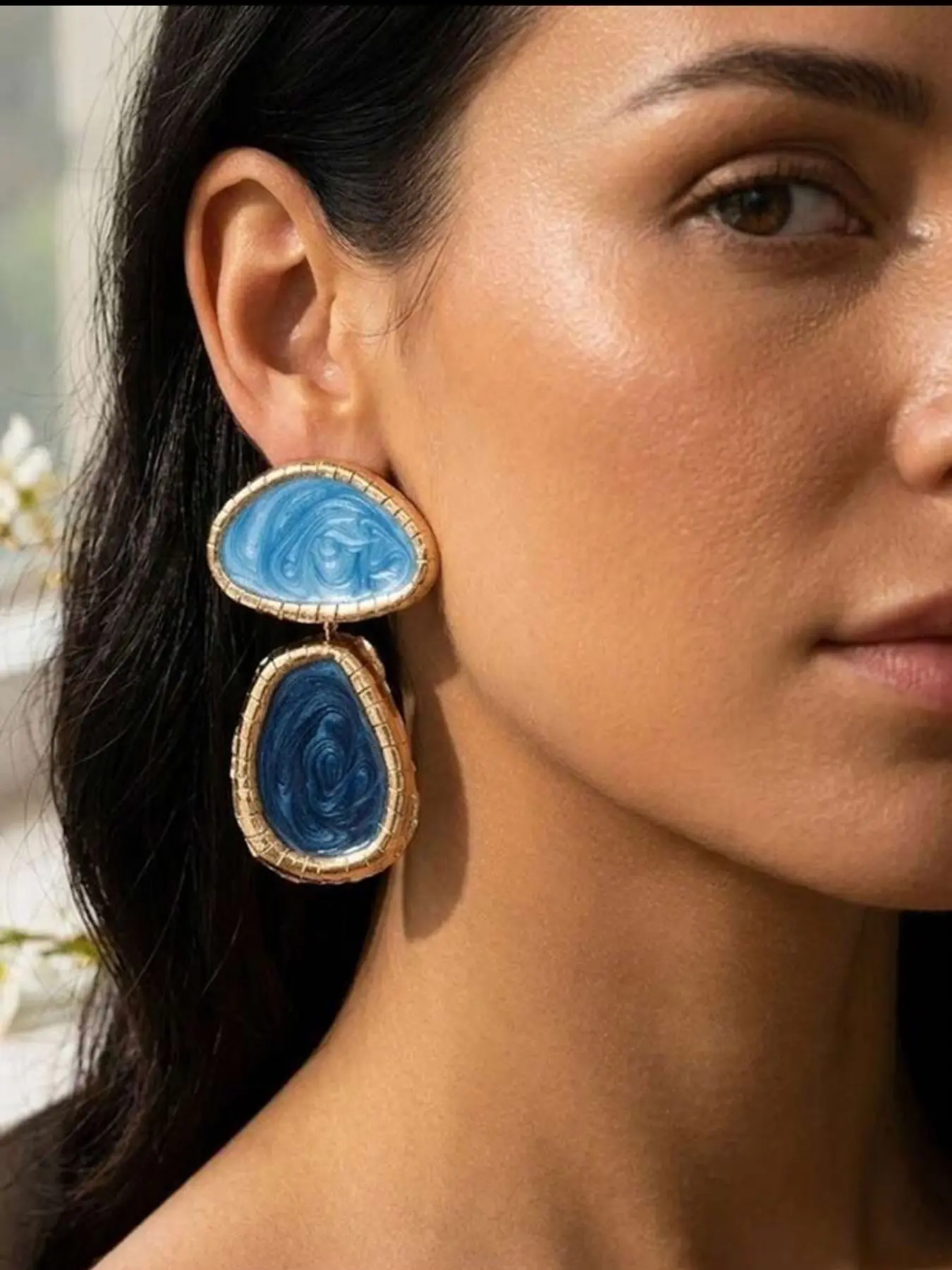 Irregular Geometric Blue Enamel Dangle Earrings for Women, Hammered Metal, Double Drop with Two-Tone Swirls, Artsy Statement Jewelry, Chunky Statement Earrings