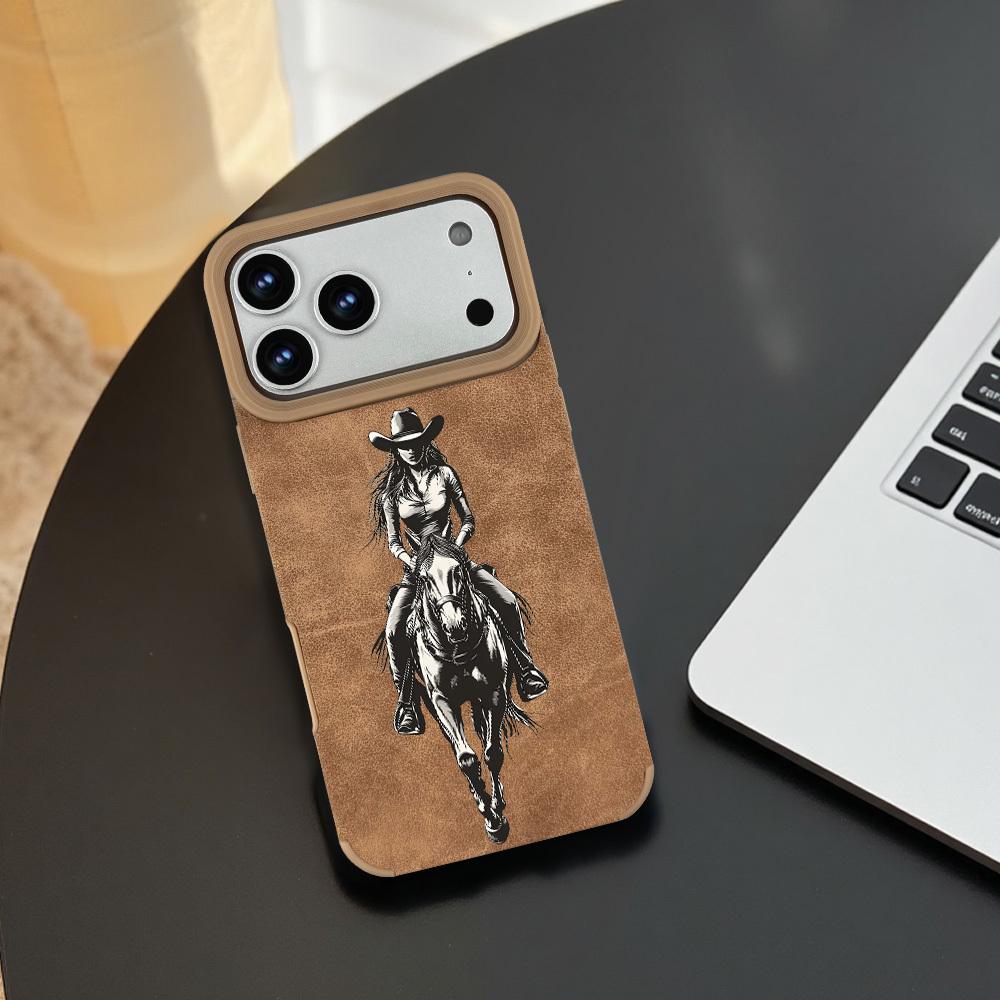 1pc brown cowboy riding horse print pattern, matte faux leather full-cover large hole protective phone case Compatible With IPhone 17/17 Air/17 Pro/17 Pro Max/16/16 Pro/16 Plus/16 Pro Max/15/15 Plus/15 Pro/15 Pro Max