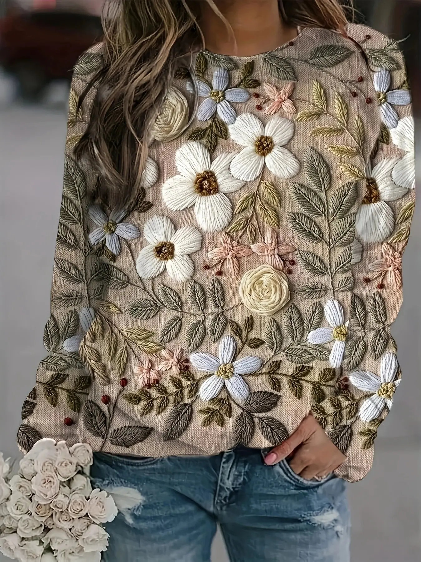 Women's Floral Rose Print Round Neck Knitwear Sweater, Elegant Loose-Fit All-Over Print, Soft Fashion Top for Spring & Fall, Chic