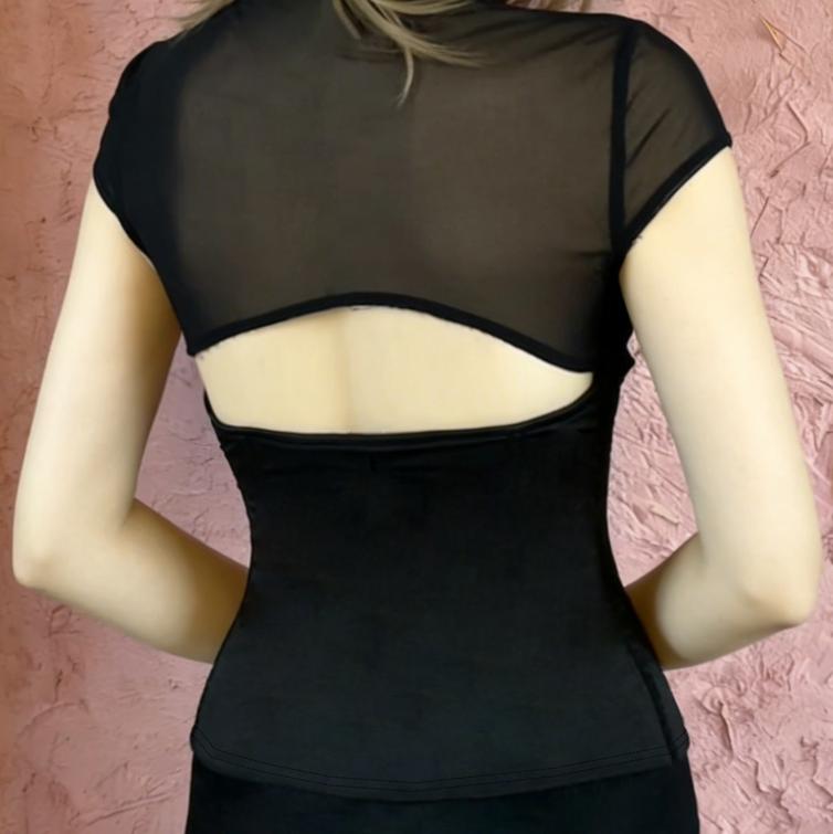 New Chinese-style improved cheongsam collar, hollowed-out short-sleeved top, backless mesh fabric patchwork design, cinched waist short T-shirt