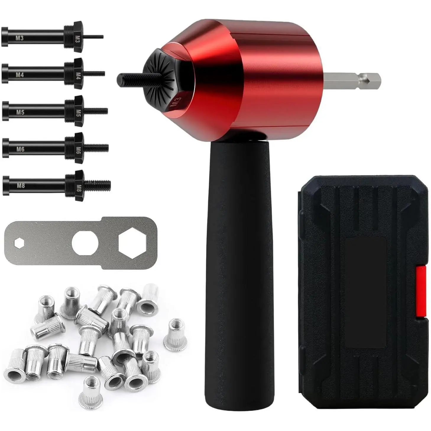 1 Rivet Gun Adapter Kit with Handle Grip, Riveter Drill Attachment, 1 Wrench, 4 Nozzles, Easy Installation Fast Speed Riveting Hand Tool for Cordless Electric Power Drill Insert Nuts