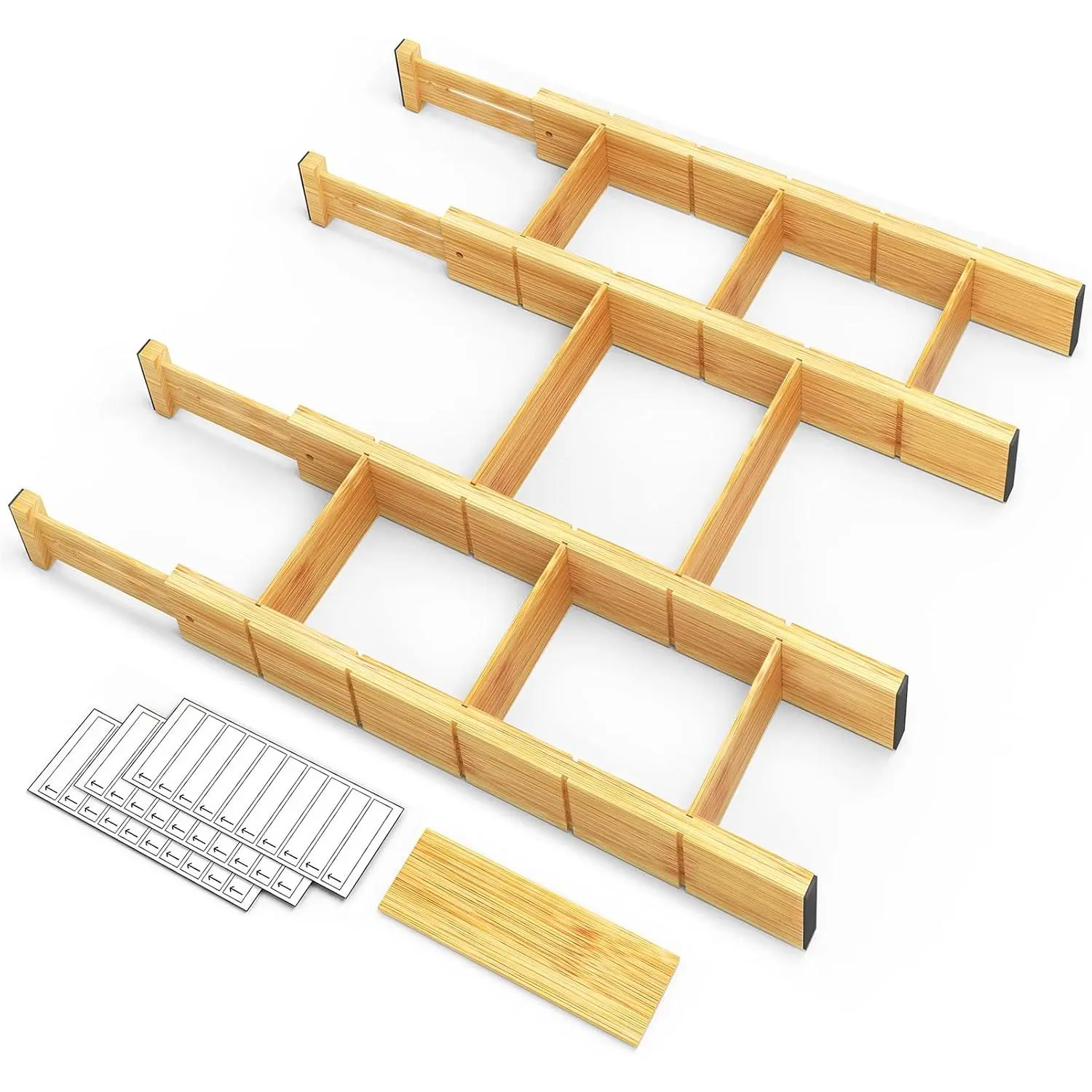 Drawer Dividers with Inserts and Labels, Kitchen Adjustable Drawer Organizers, Expandable Organization for , Office, Dressers, 4 Dividers with 9 Inserts (17"-22" )