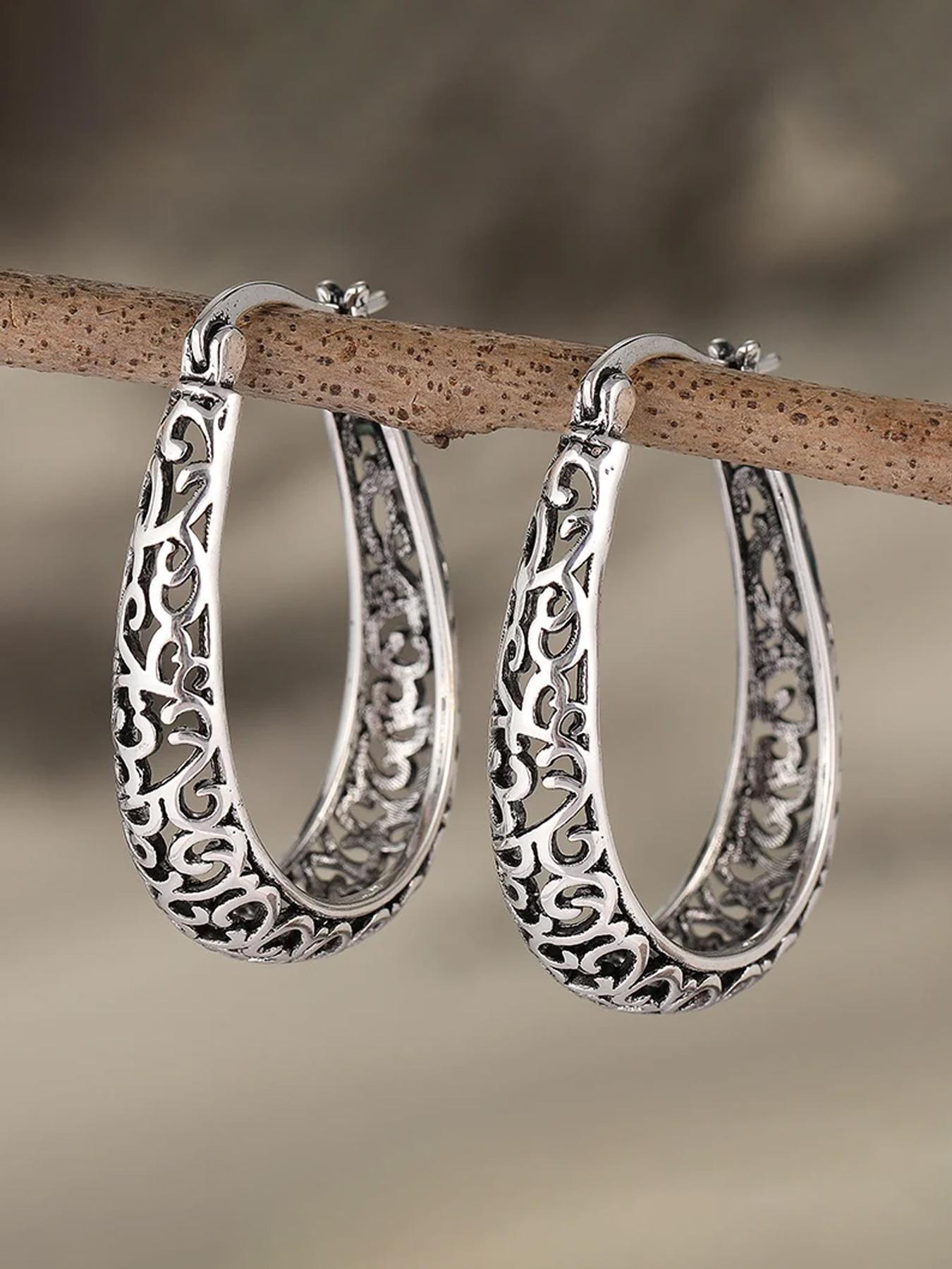 Vintage Hollow Out Design Hoop Earrings, Statement Earrings, Fashion Jewelry for Party, Daily Clothing Decor, Trendy All-match & Exquisite Jewelry for Birthday Gift, Fashionable Hoop Earrings
