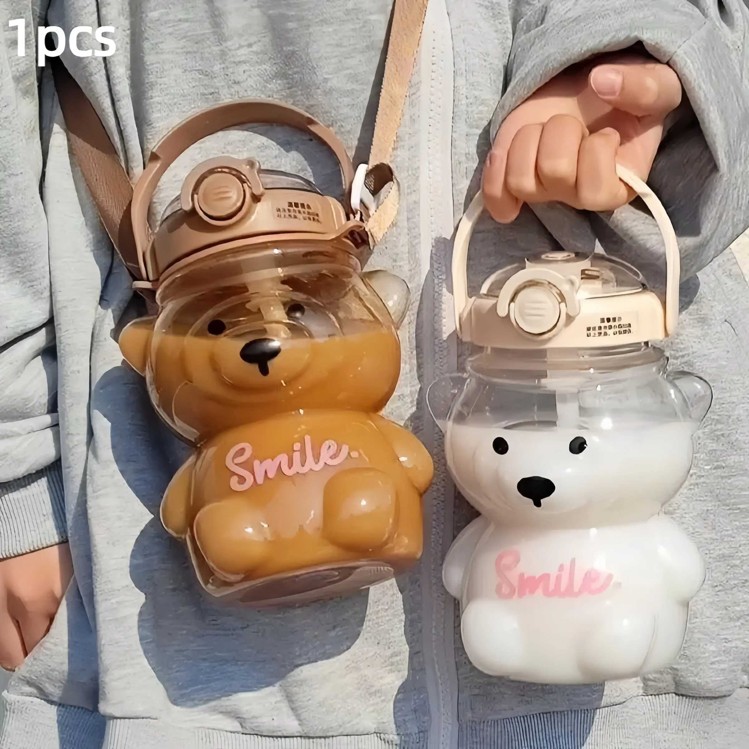 1000ML Large Capacity Bear Water Bottle, with Strap and Handle, 33.8oz Cute Plastic Straw Cup, Perfect Holiday Gift, Includes Sponge Brush