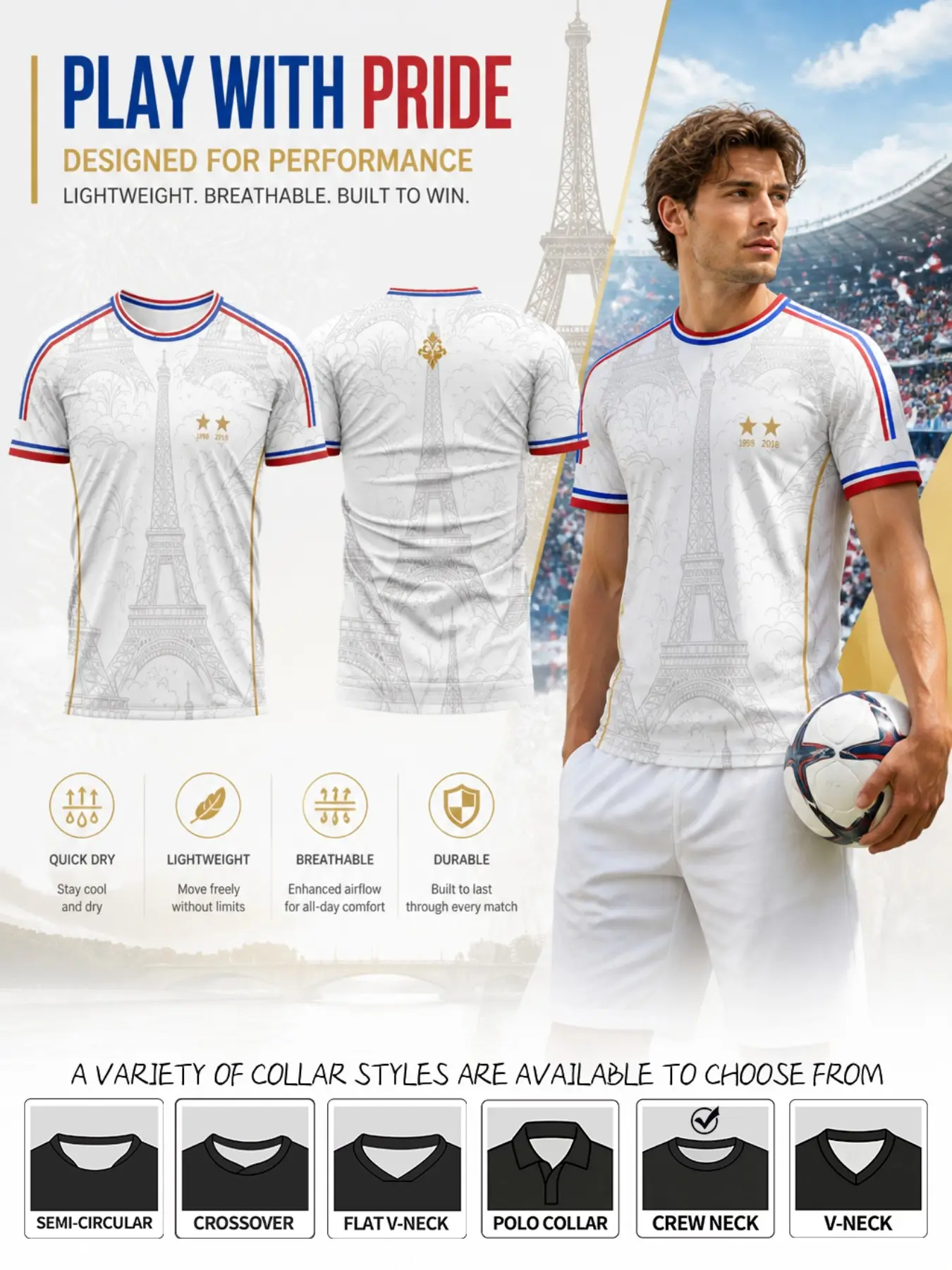 2026 France Football Jersey, Soccer Jerseys, Eiffel Tower All over Print, Blue Stripes, Quick-Dry Lightweight Breathable Sportswear, Ideal for Matches Training Fans