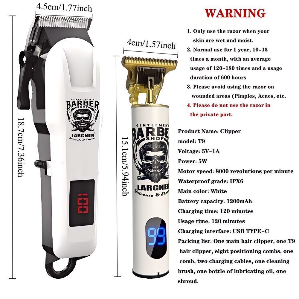 Largner Hair Clipper & Razor Set with Ceramic Blade, 1,200 mAh Wireless Rechargeable Beard Trimmer Kit, Includes 8 Guide Combs for Men, Barber Equipment, Ideal Gift