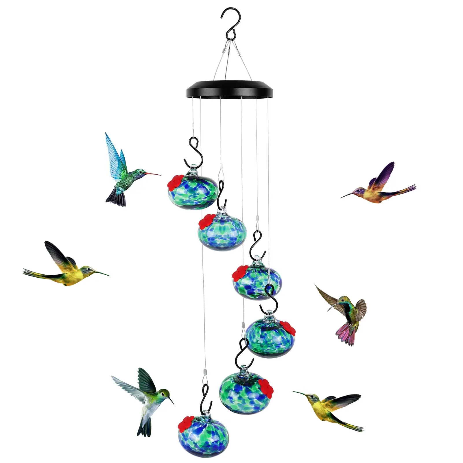 HEADAK LIFE Hanging Hummingbird Feeder with Perched Ports, 6 Hand-Blown Glass Orbs, Cascading Hanging Design, Cleaning Brush, Beautiful Outdoor Decor for Porch, Bird Lover Gift for Moms