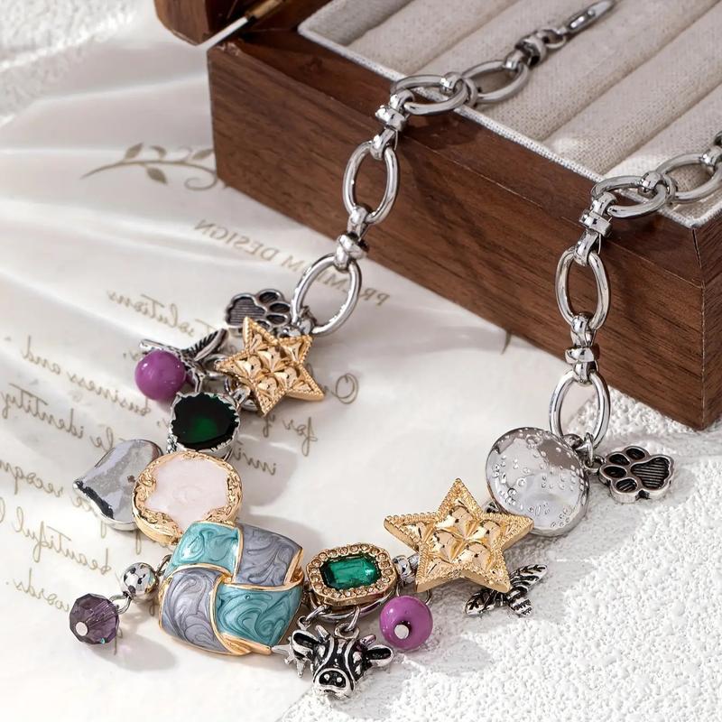 Trendy Bohemian Bull Head & Bee Pendant Necklace - Vintage Hand-Painted Enamel Star Charm, Stacked Chain Unique Craft Jewelry for Women's Casual Music Festival Outfits, Valentine's Day Holiday Gift Daily Accessory