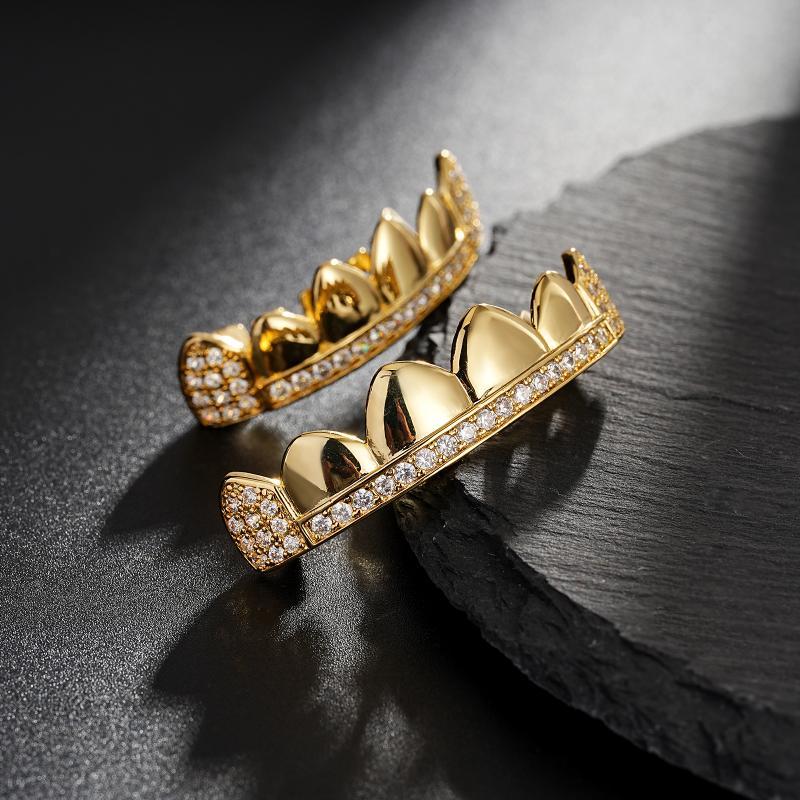 Iced Out CZ Mens Teeth Grills 2pcs Set - Golden Color Plated Grillz for Men - Fashionable & Eye-Catching - Perfect Gift for Hip-Hop Lovers Oral