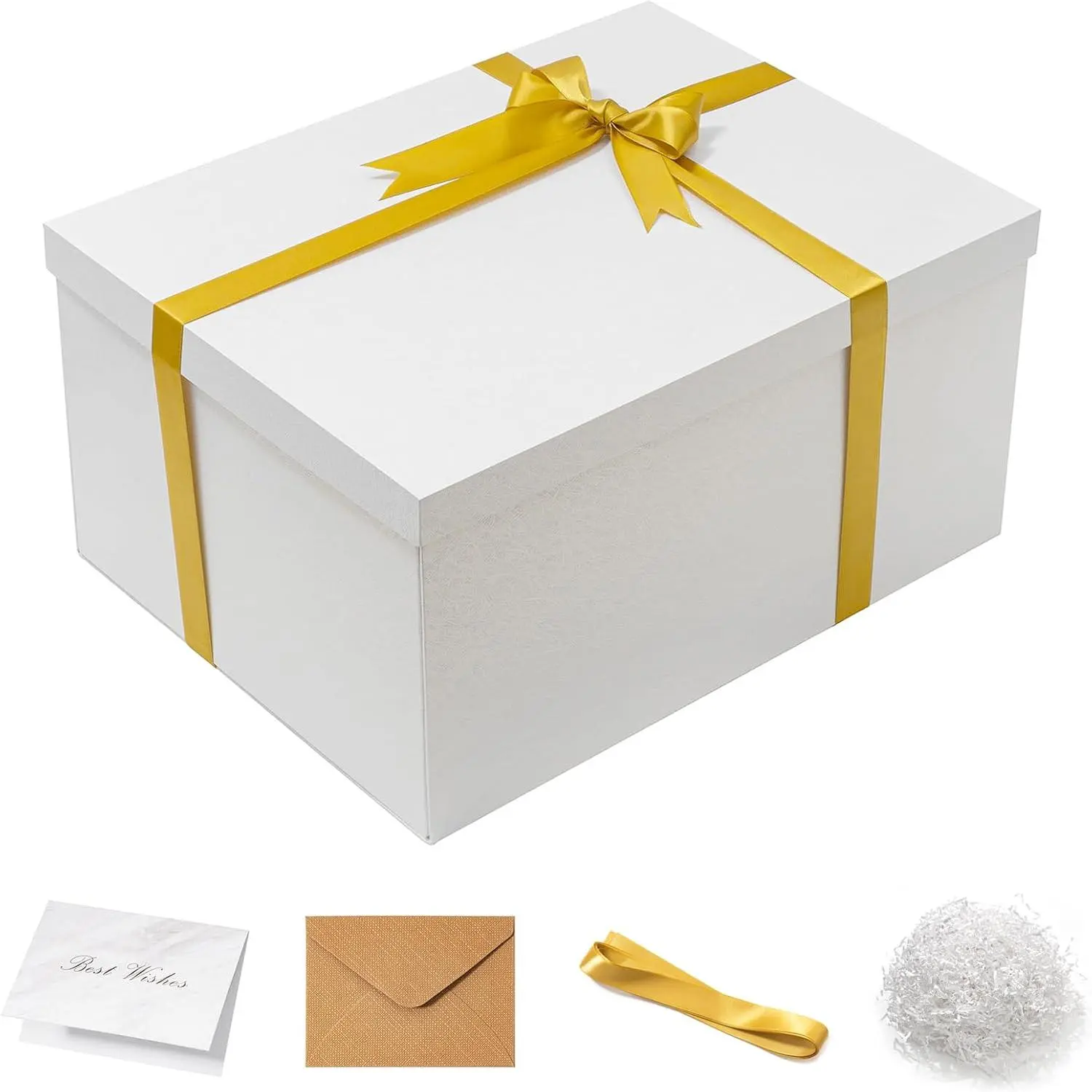 16x12x8 Inches Large  Box with Lid for Presents Big Deep White  Boxes 1 Pack for Christmas, Birthday, Valentine's Day,Mother's Day Presents - Contains Crinkle Paper,Ribbon and Card