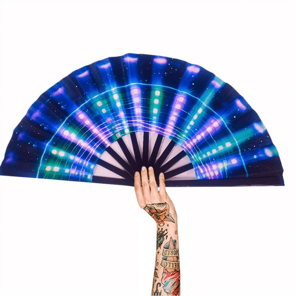 13-Inch 4D printing Neon Birthday Party Fan Blue/Silver/Rainbow/Pink/Black Glow Neon Holo graphic Hand Fan with Water-Resistant, Sweat-Proof Coating Perfect for Music Festivals, Nightclubs, Raves, Outdoor Parties & Hot Weather Events (Vibrant Neon Style)