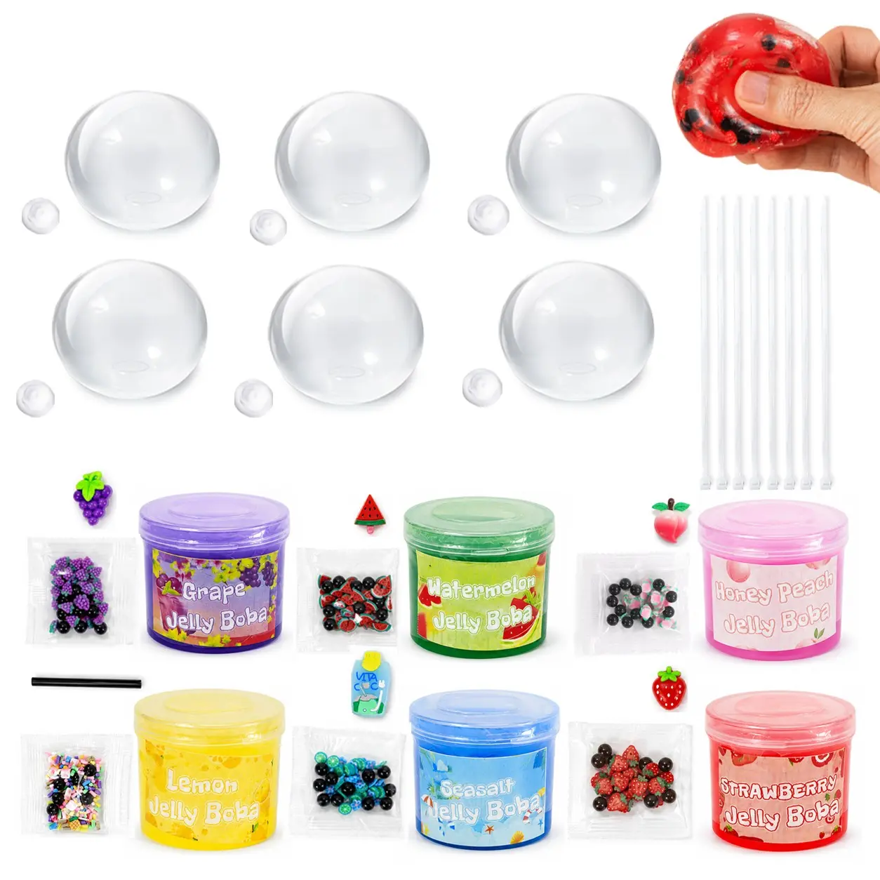 DIY Slime Ball Kit, 6 Crystal Fruit Squishy Slimes 70ML, 6 Ball Skins with Caps, 8 Straps, 6 Small Accessories, 6 Packaging Decorations, Slime Set