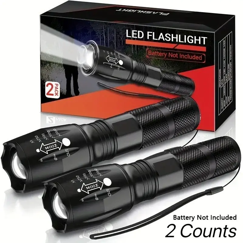 Wild Bright LED Flashlight, 2-Pack Adjustable Focus, 5 Lighting Modes, Aluminum Body, Portable Emergency Light, Outdoor Camping