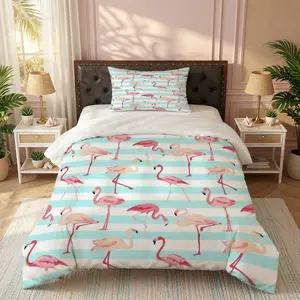 2/3PCS Mint Striped Flamingo Duvet Cover Set, Single Side Print No Insert, Fresh Coastal Nautical Bedding, Perfect Decor Gift for Bedroom & Guest Room