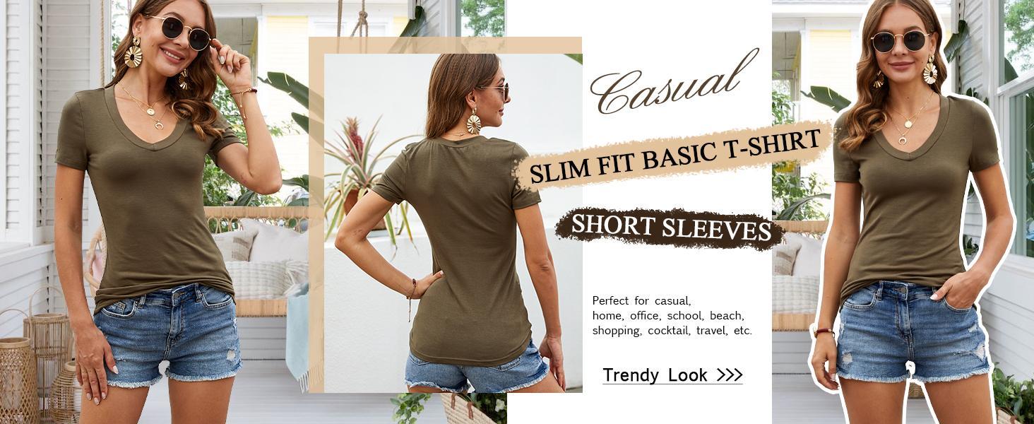 Beotyshow Womens Summer Sexy Short Sleeve Tshirt Tops Deep V Neck Shirts Casual Slim Fit Basic T-Shirt Tee