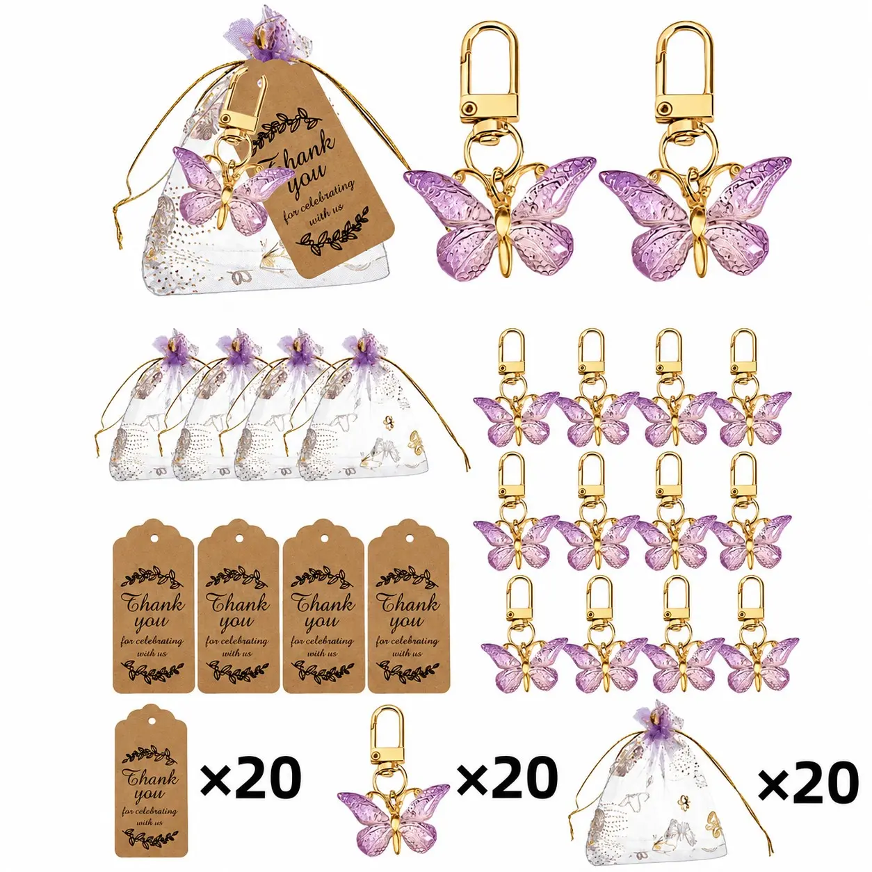 60pcs/20sets Butterfly Keychains Baby Shower Gift Set, Butterfly Keychain Thank You Card, Gradual Acrylic Pendant, Wedding Party Gifts