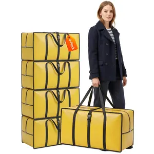 4 Pack Heavy Duty Moving Bags, 92L Large Moving Bags for Moving House, Extra Large Strong Packing Bags with Zip Opening and Wrap-Around Handles, Reusable Storage Bags, Yellow